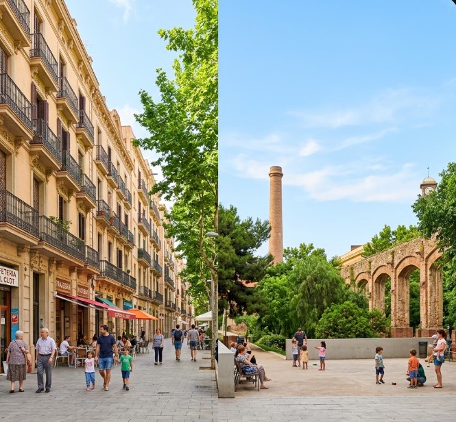Vistas de las calles peatonales, fincas históricas y vida vecinal en El Clot, Barcelona